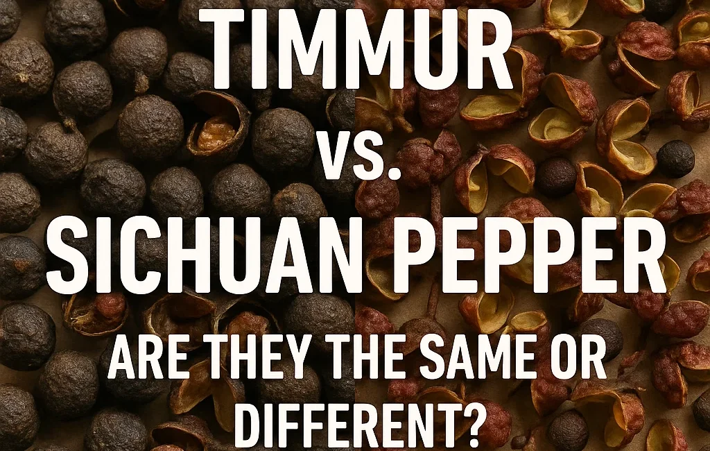 Close-up of Timmur and Sichuan pepper on a wooden surface, showing Timmur's dark brown seeds on the left and Sichuan pepper's reddish-brown seeds on the right, highlighting their distinct colors