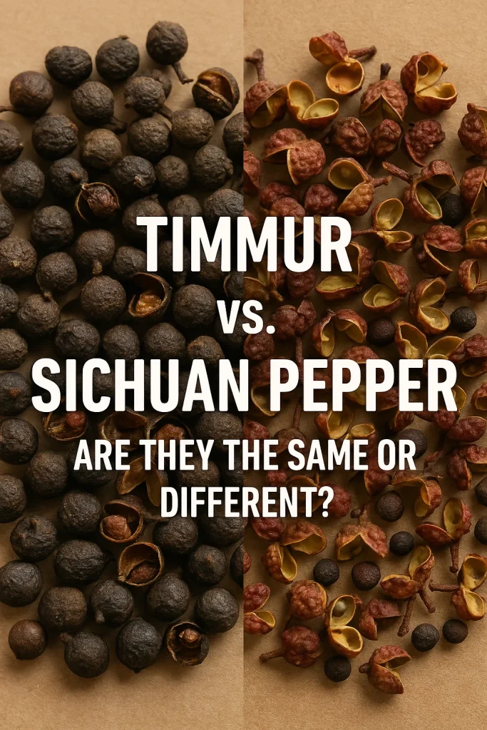 Close-up of Timmur and Sichuan pepper on a wooden surface, showing Timmur's dark brown seeds on the left and Sichuan pepper's reddish-brown seeds on the right, highlighting their distinct colors