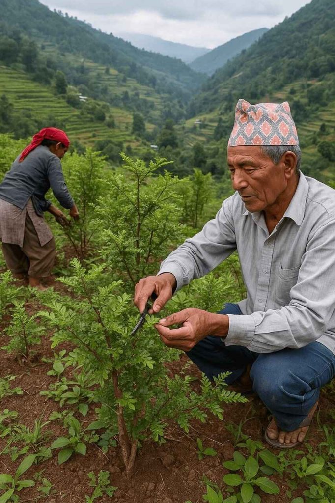 Two individuals work in a lush, terraced mountain field in Nepal, tending to green plants with traditional tools. One wears a colorful Nepali Dhaka topi and a grey shirt, while the other sports a red headscarf and simple attire, reflecting authentic rural life tied to Thakali cuisine ingredients.