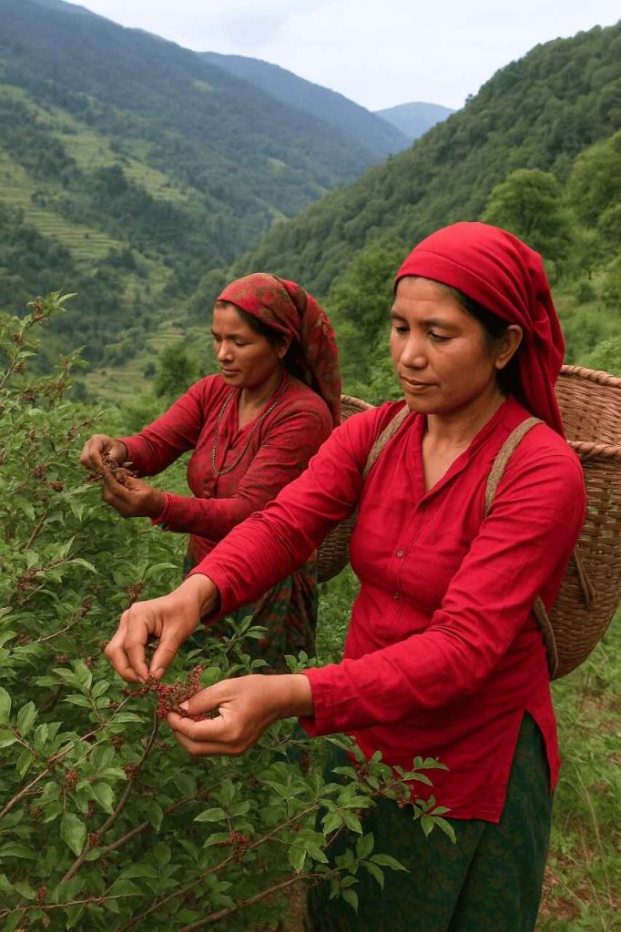 Two women in red attire harvesting berries in lush green mountainous terrain, carrying woven baskets, representing traditional Thakali thali culture.