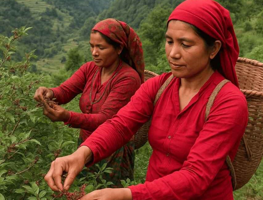 Two women in red attire harvesting berries in lush green mountainous terrain, carrying woven baskets, representing traditional Thakali thali culture.